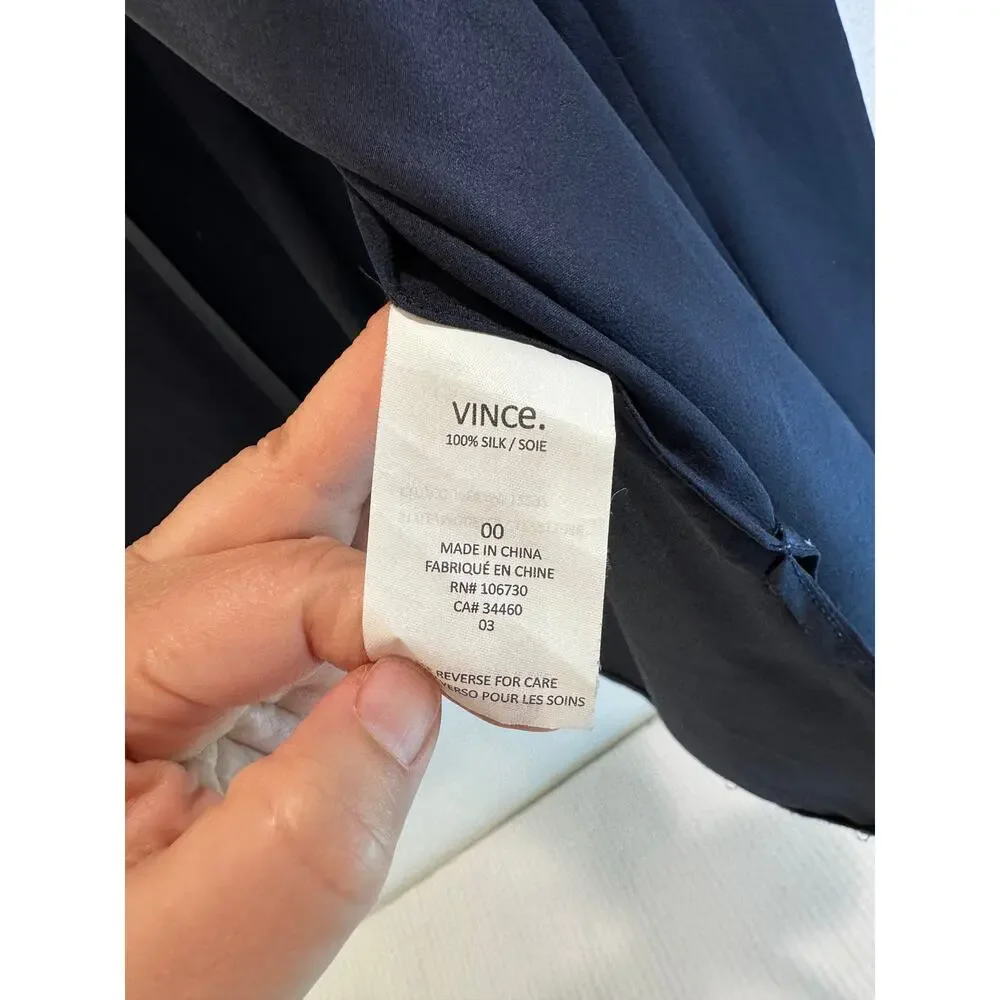 Vince 100% Silk Blouse Navy Blue Women's 00 Minimalist Office Career Long Sleeve - Picture 5 of 5